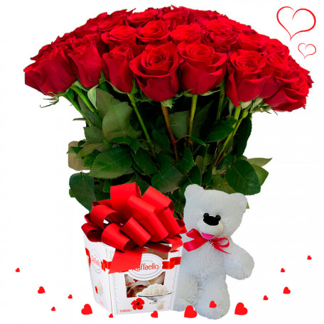 Fresh Red Roses Bouquet with Sweets "Raffaello" and Teddy Bear