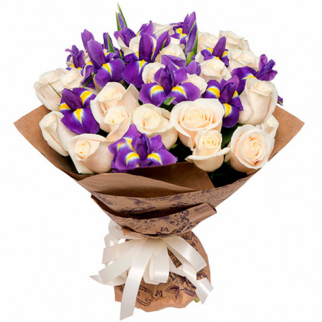 Beautiful Cream Color Roses with Blue Iris